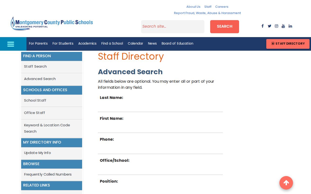 Fairland people directories MCPS advanced staff search