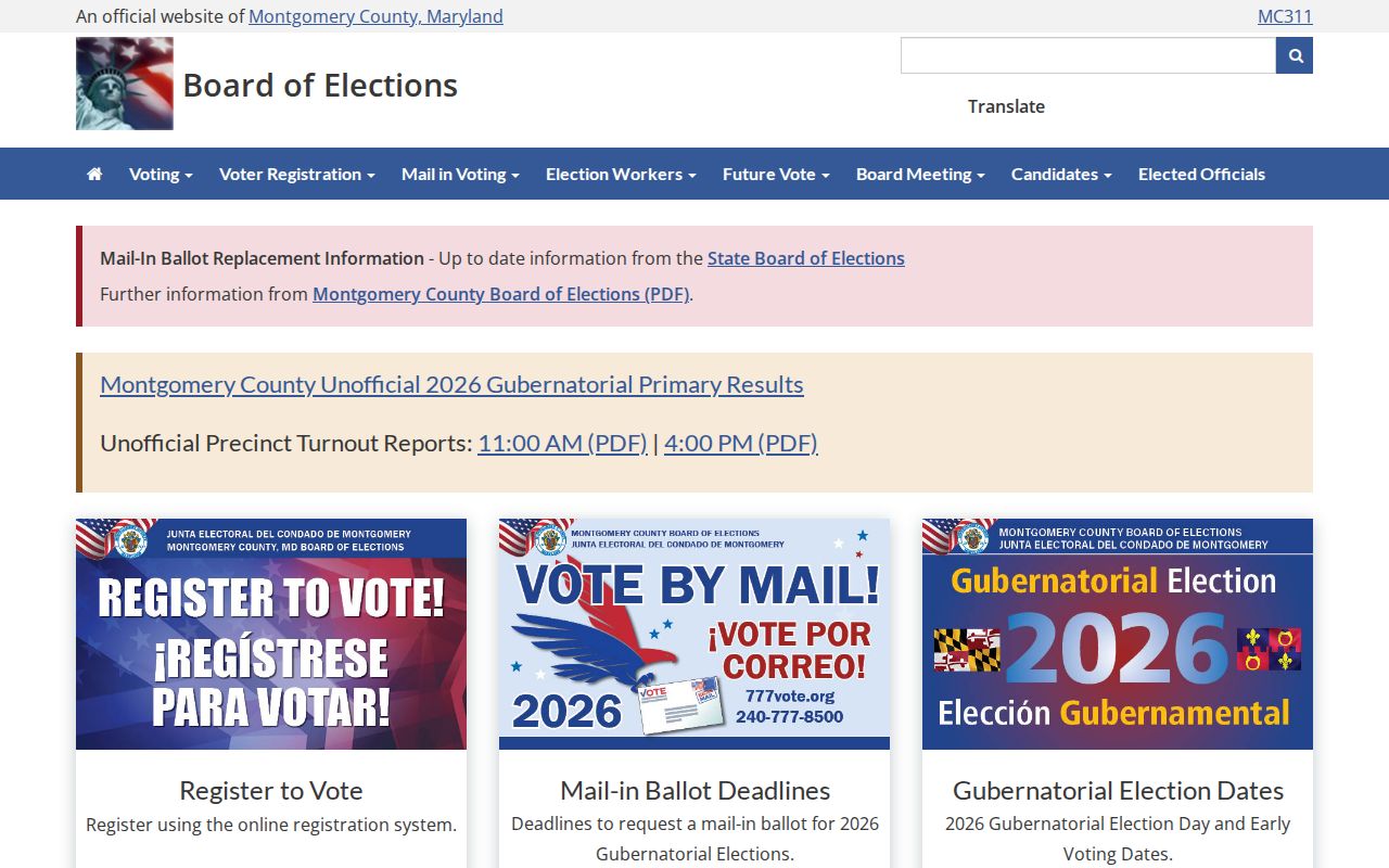 Montgomery County elections page serving Fairland voter records
