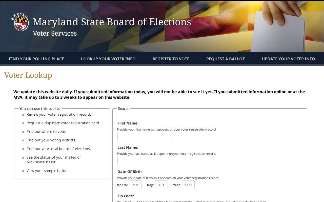 Fairland voter registration lookup fields on the Maryland service