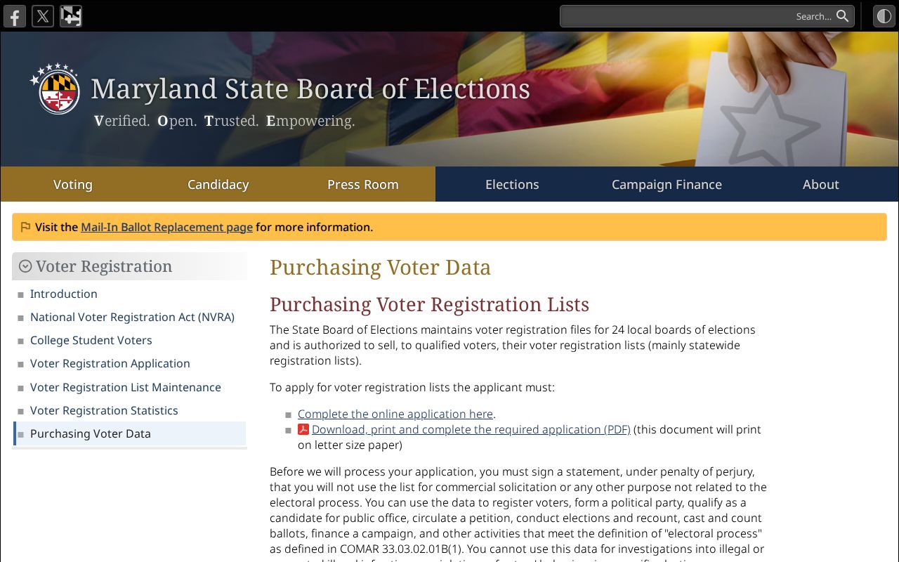 Maryland voter data rules and prices for Fairland voter records